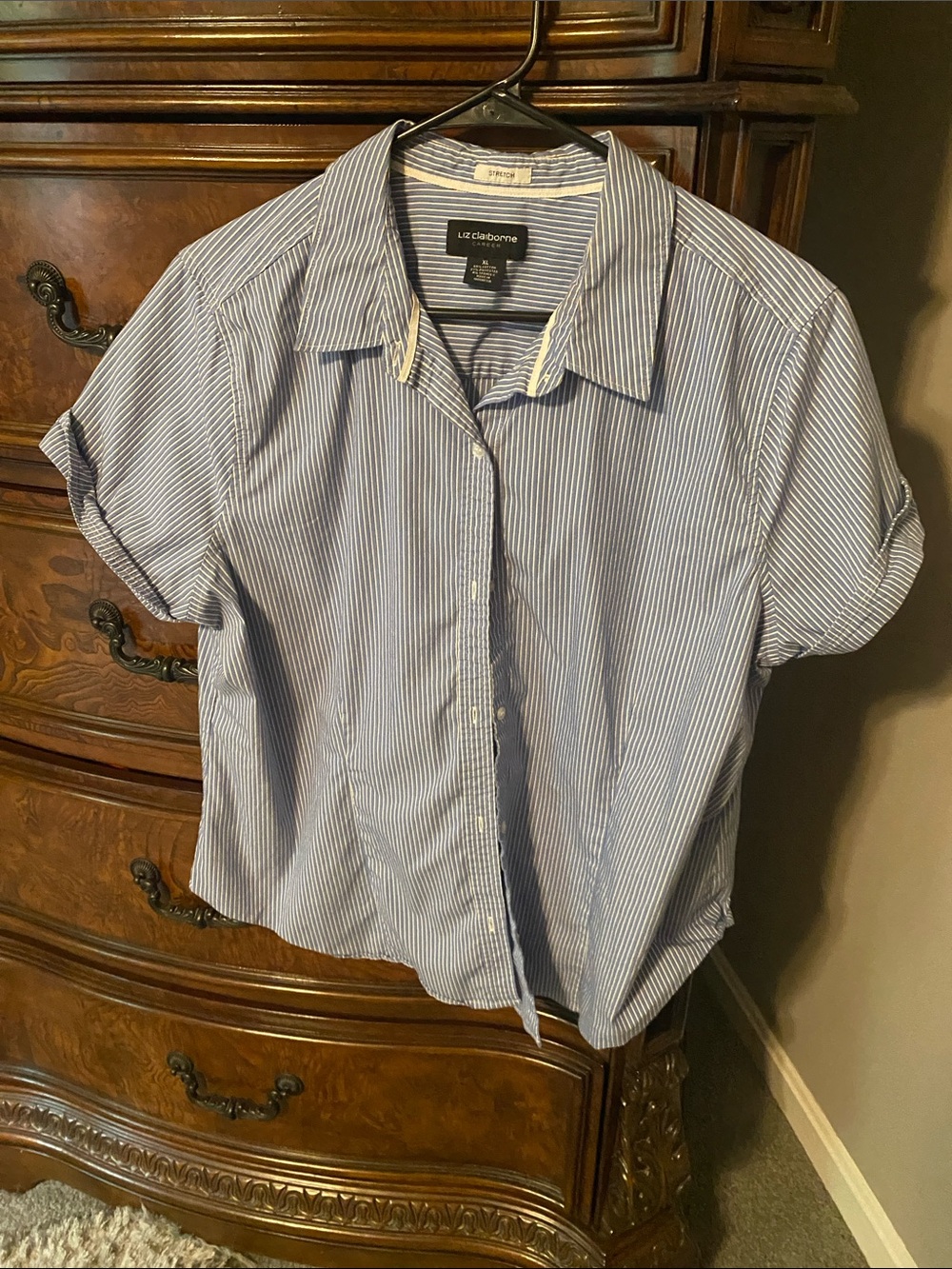 Liz Claiborne button up short sleeve blouse blue white stripes